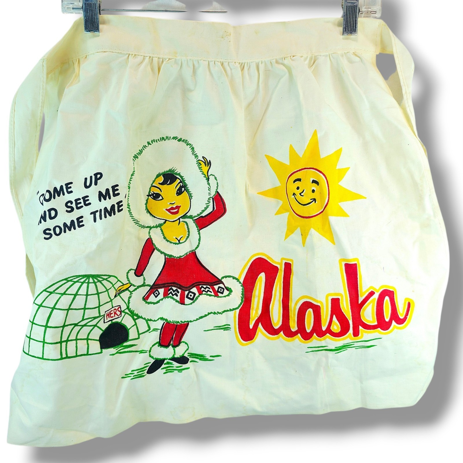 Vintage 1950\'s Alaska Cactus Cloth Hand Printed Eskimo Apron 24×19 White Rare