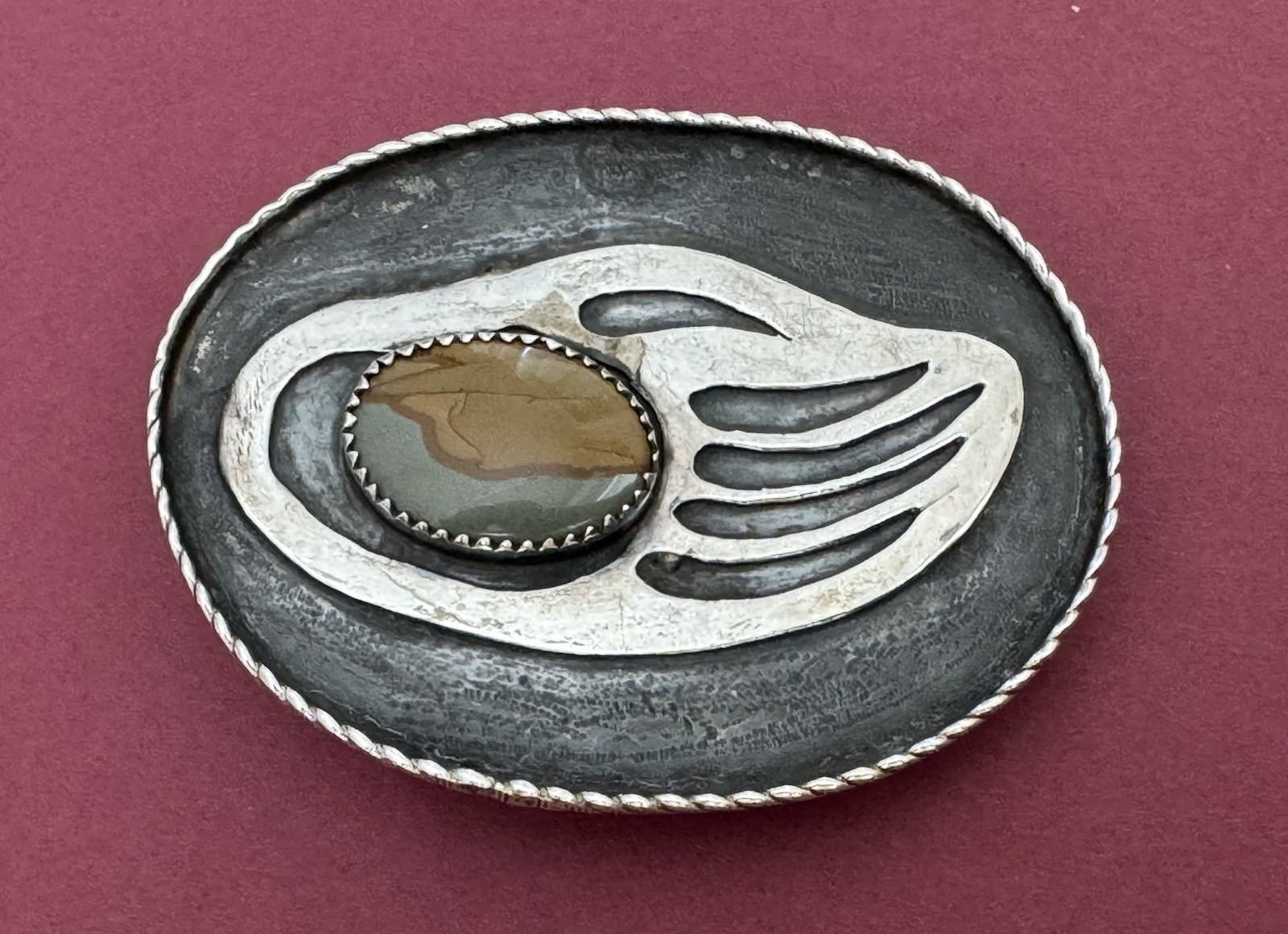 VTG Native Signed Sterling Silver Jasper Agate Cabochon Bear Claw Belt Buckle