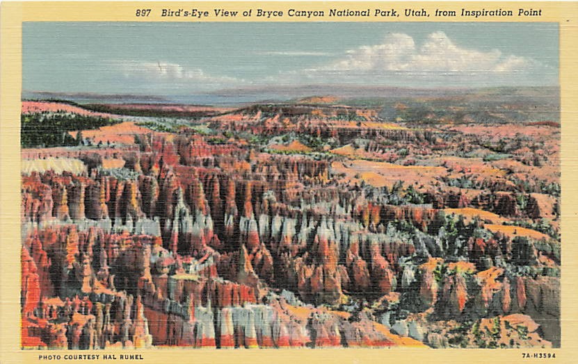 Postcard UT: Bird's-Eye View Bryce Canyon Natl Park, Inspiration Point, Linen