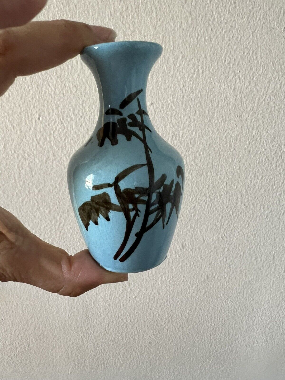 Small Blue Bud Vase Ceramic Hand Painted Bamboo Leaves Chinese Brush Stroke Styl