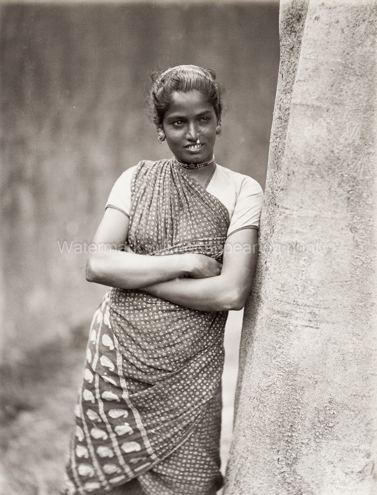 Ceylon Sri Lanka Smiling Young Woman Nose Ring Sari Jewelry Vtg. Photo 19thC.