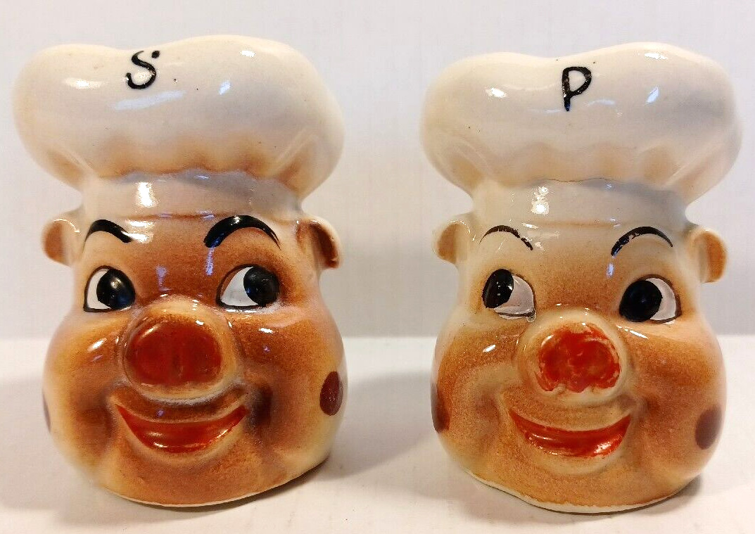 Vintage Pig Piggy Boar Hog Chef Cook Salt & Pepper Shaker Set - Made in Japan