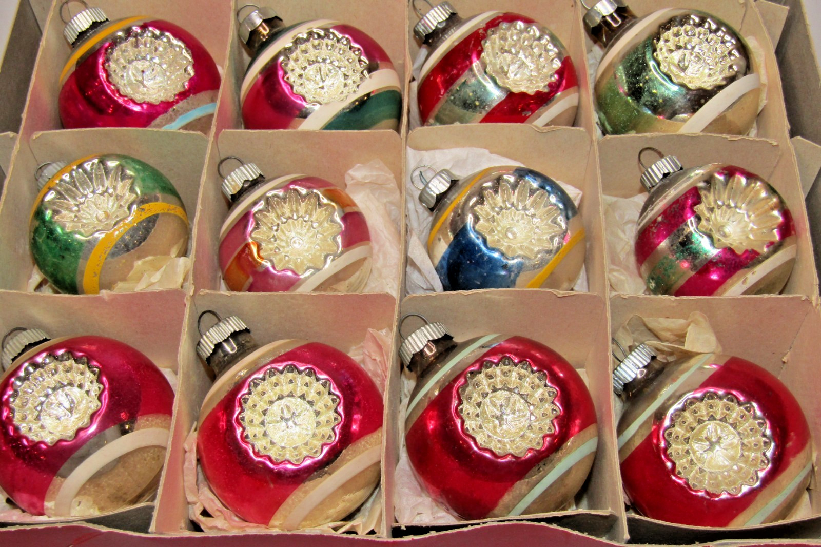 Lot VTG Glass Double Indent FLOWER Embossed BALL Christmas Ornaments Shiny Brite