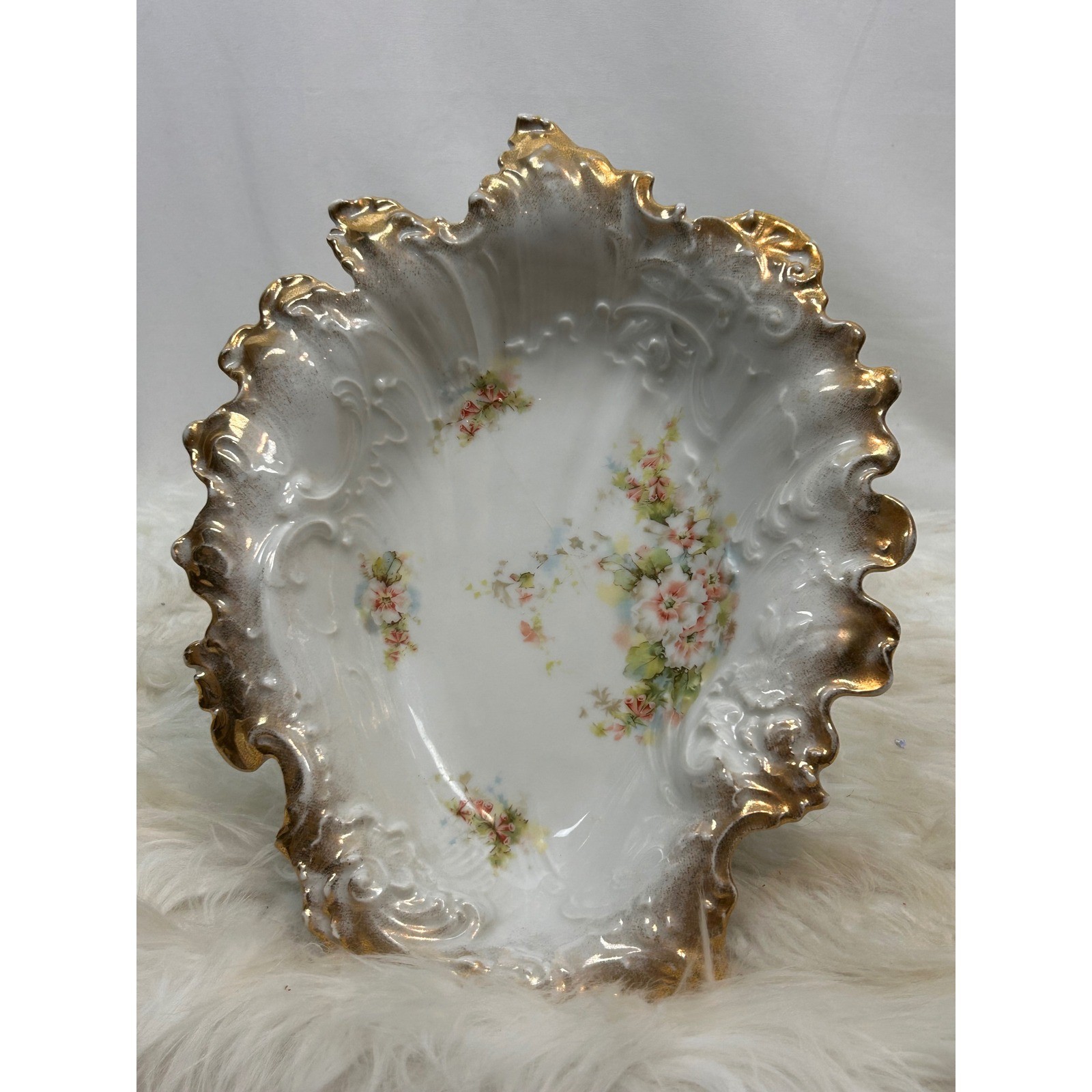 Antique Dresdon RS Prussia Porcelain Floral Bowl Gold Gilt Scalloped Germany