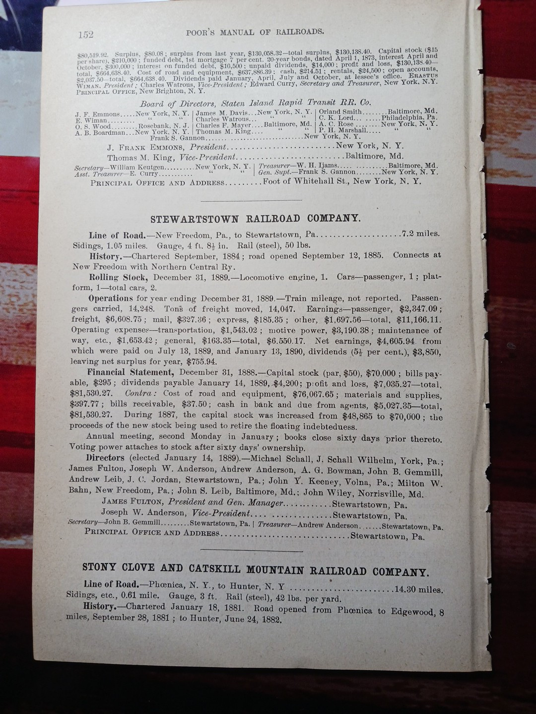 1890 Train Report STEWARTSTOWN RAILROAD COMPANY New Freedom Pennsylvania York Co
