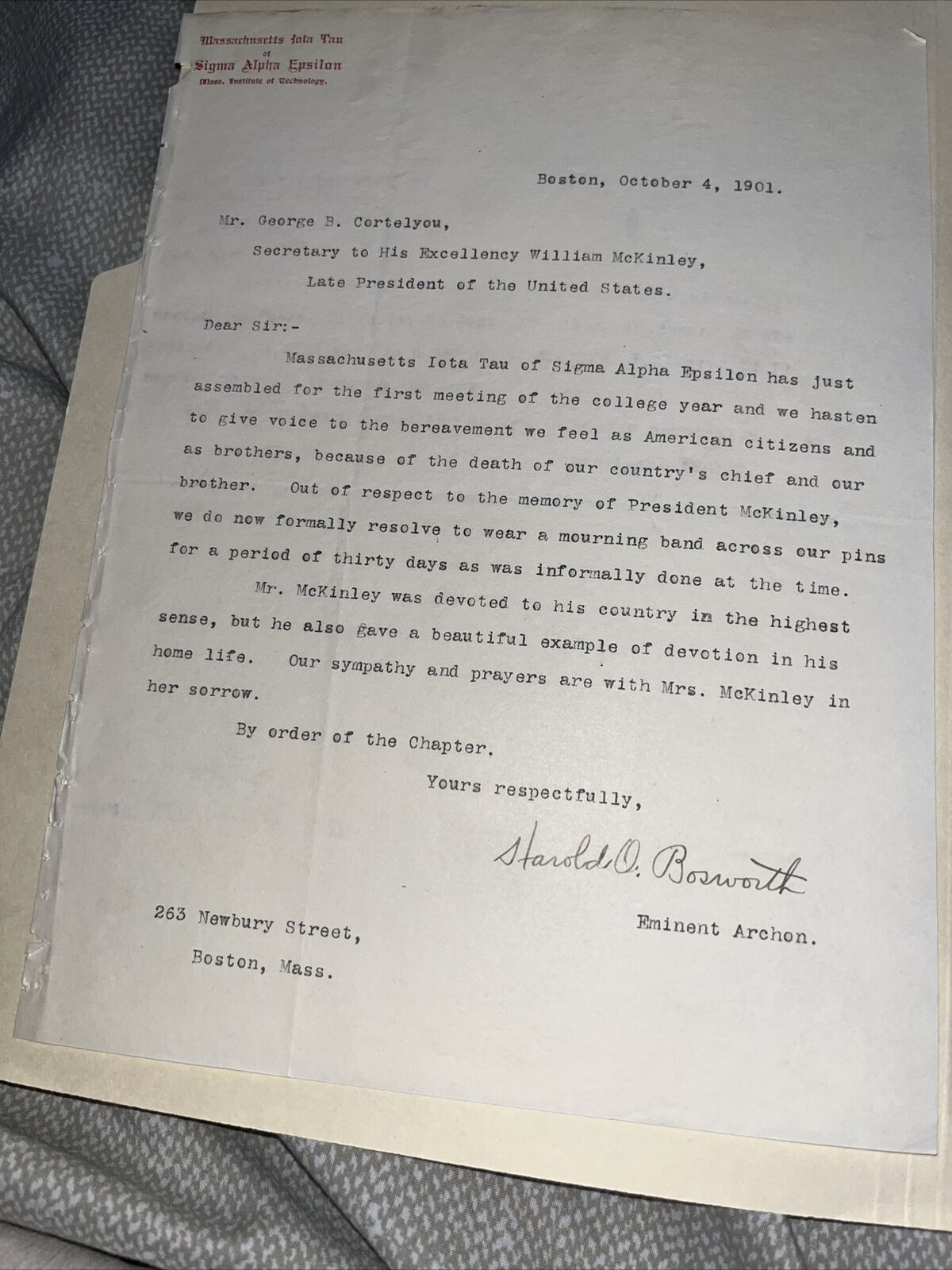Massachusetts Institute of Technology Letter President McKinley Assassination
