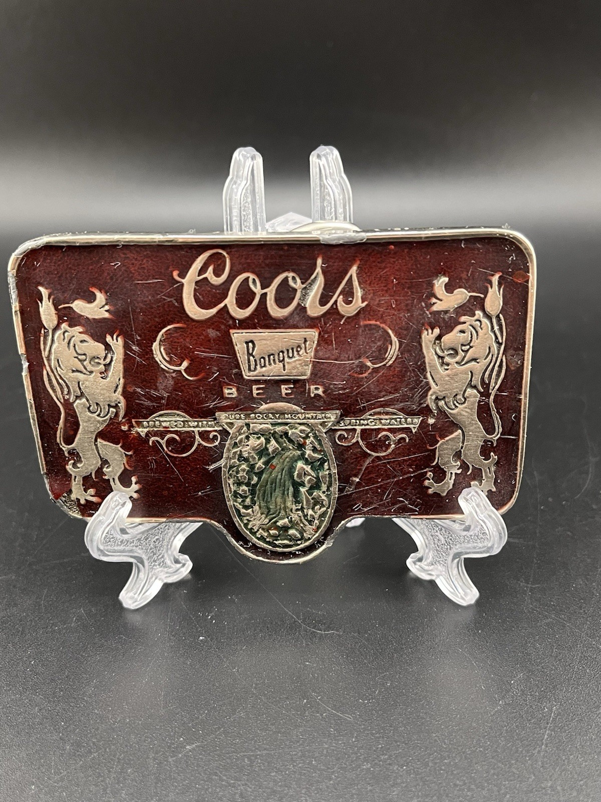 Vintage Coors Banquet Beer Belt Buckle Red Tone Breweriana Theme