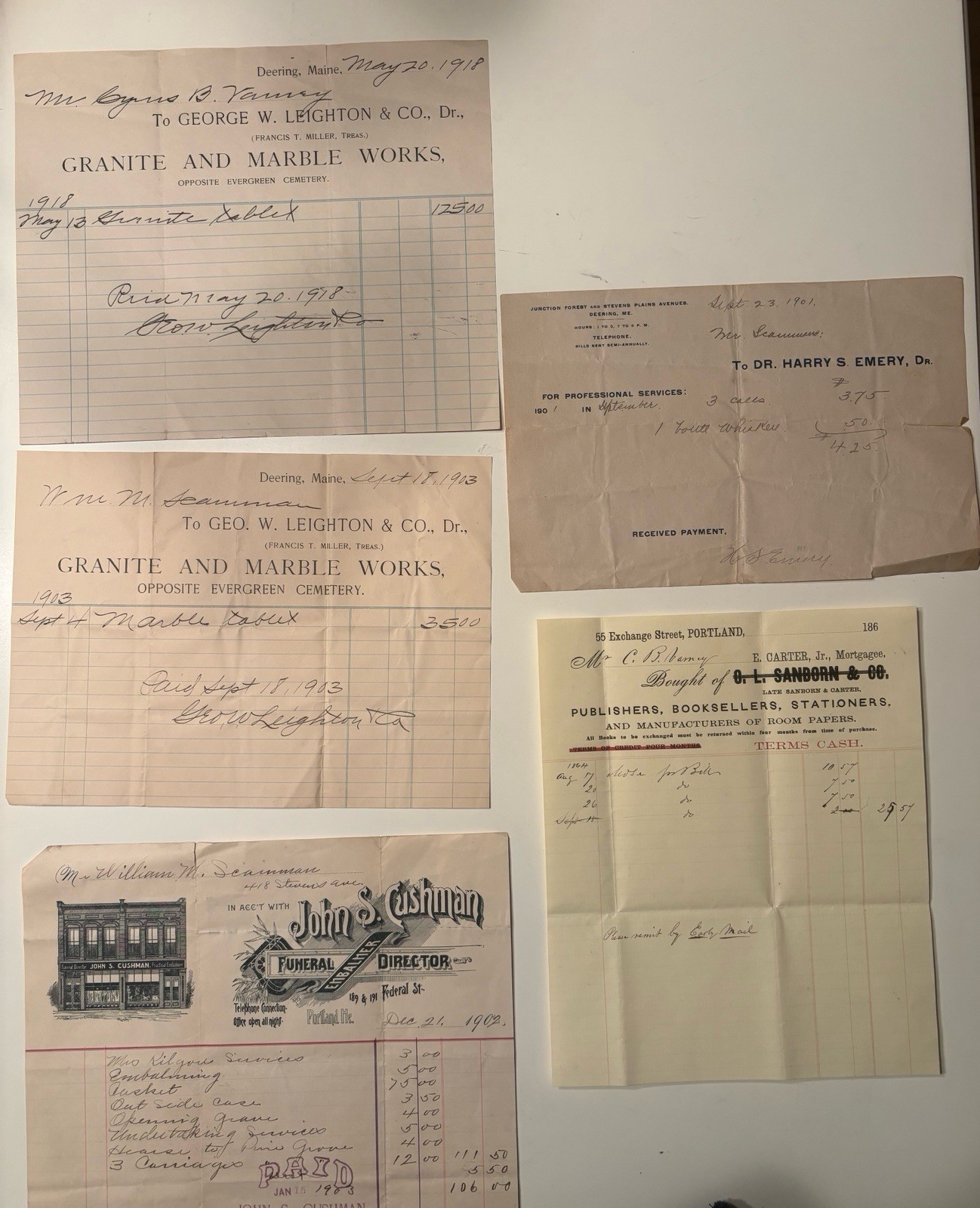 1901 Maine Doctor Bill + 4 Antique Invoices Portland Deering Varney Scammon