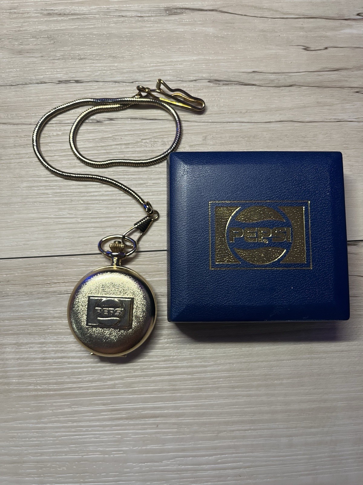 Vintage Pepsi Cola Pocket Watch Gold Tone w/ Chain Box & Warranty Certificate Vintage Pepsi Cola Pocket Watch Gold Tone w/ Chain Box & Warranty Certificate