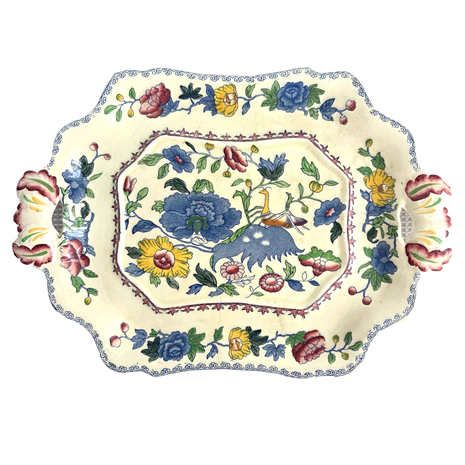 Vintage Mason's Ironstone Handled Serving Plate Tray England Floral Bird 14 x 10