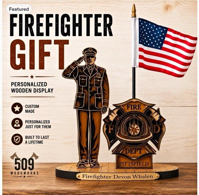 Personalized Wooden Firefighter Display w/ American Flag Pittsfield Fire Dept