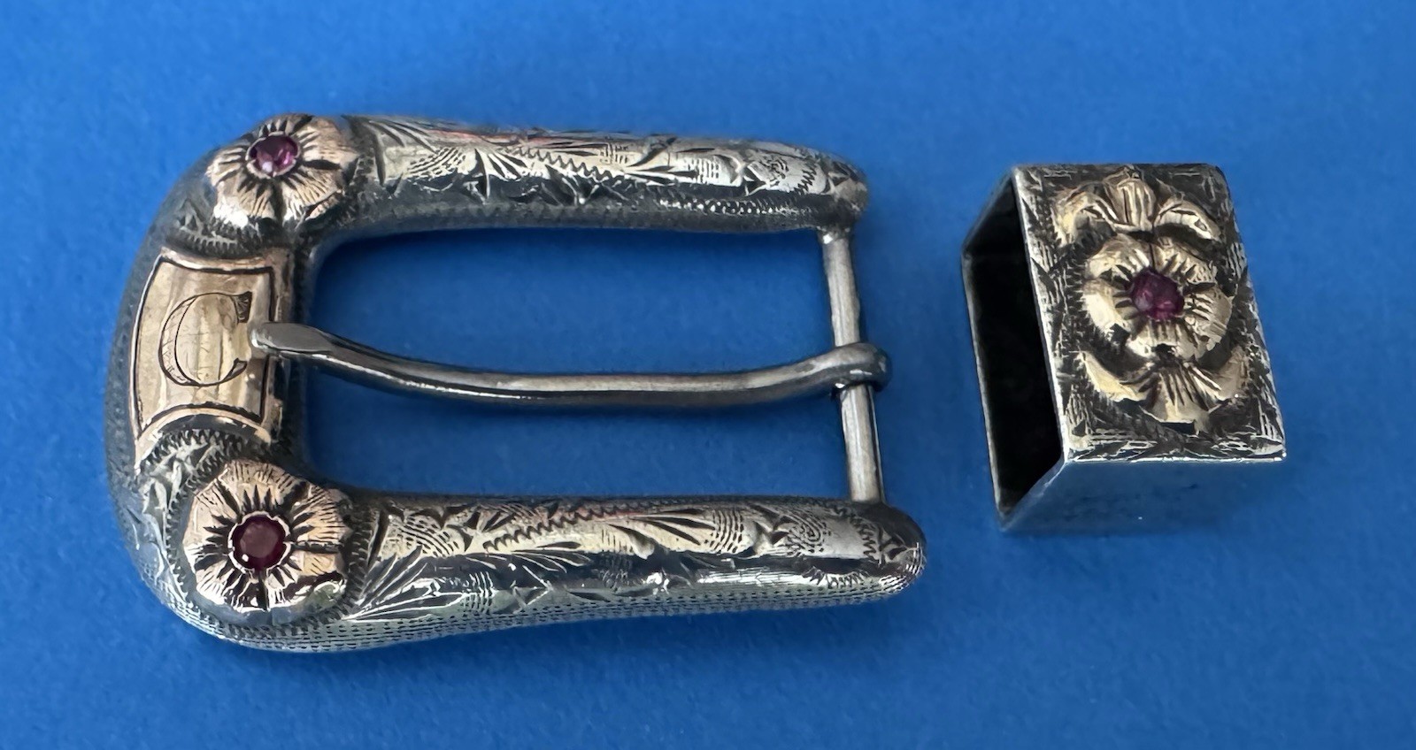 Vintage RARE Graves Malone Sterling Silver 10K Gold Ruby Ranger Belt Buckle Set