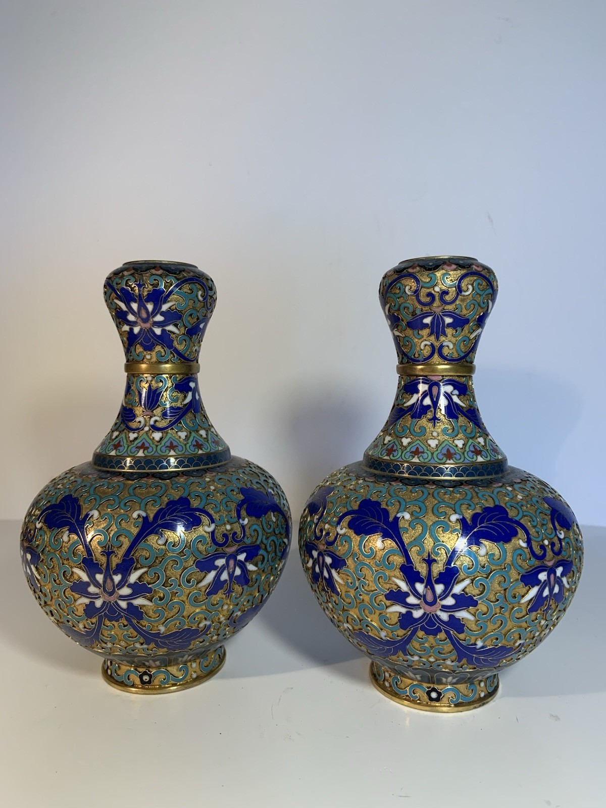 VtG Pair Jingfa Chinese Cloisonné Enameled Brass Vases/ Urns , 7” H  .