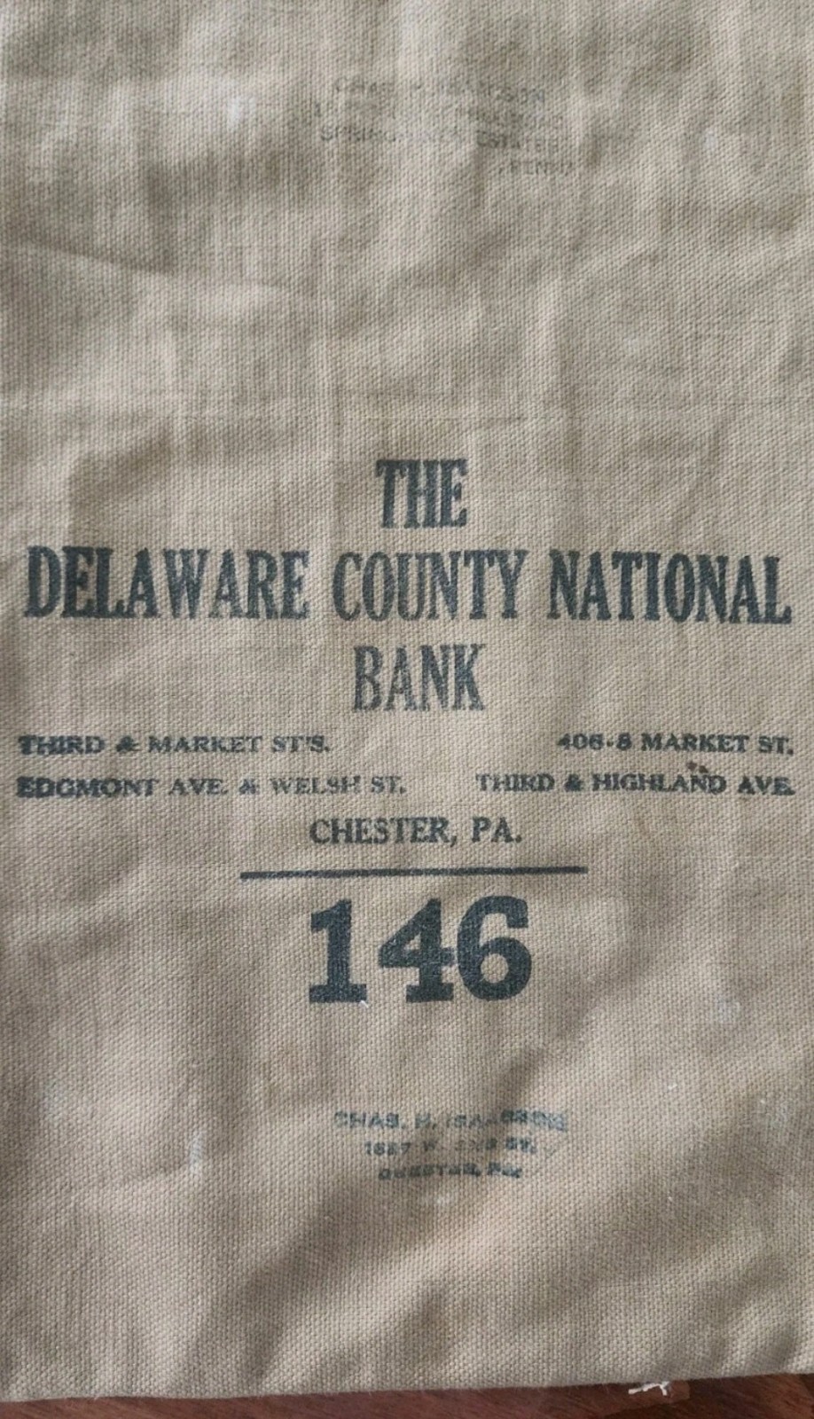RARE 1882-1939 DELAWARE COUNTY NATIONAL BANK MONEY BAG OWNED BY CHAS H ISAACSON