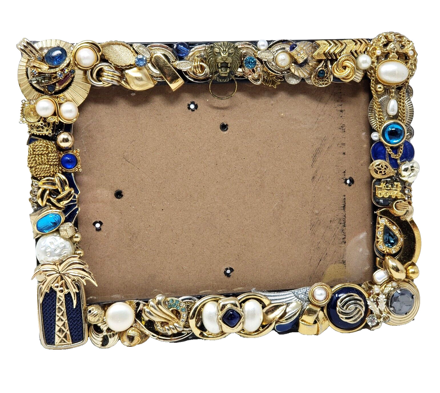 Vintage Recycled Jewelry Photo Frame Gold Tone Rhinestones Faux Pearls 8.5\