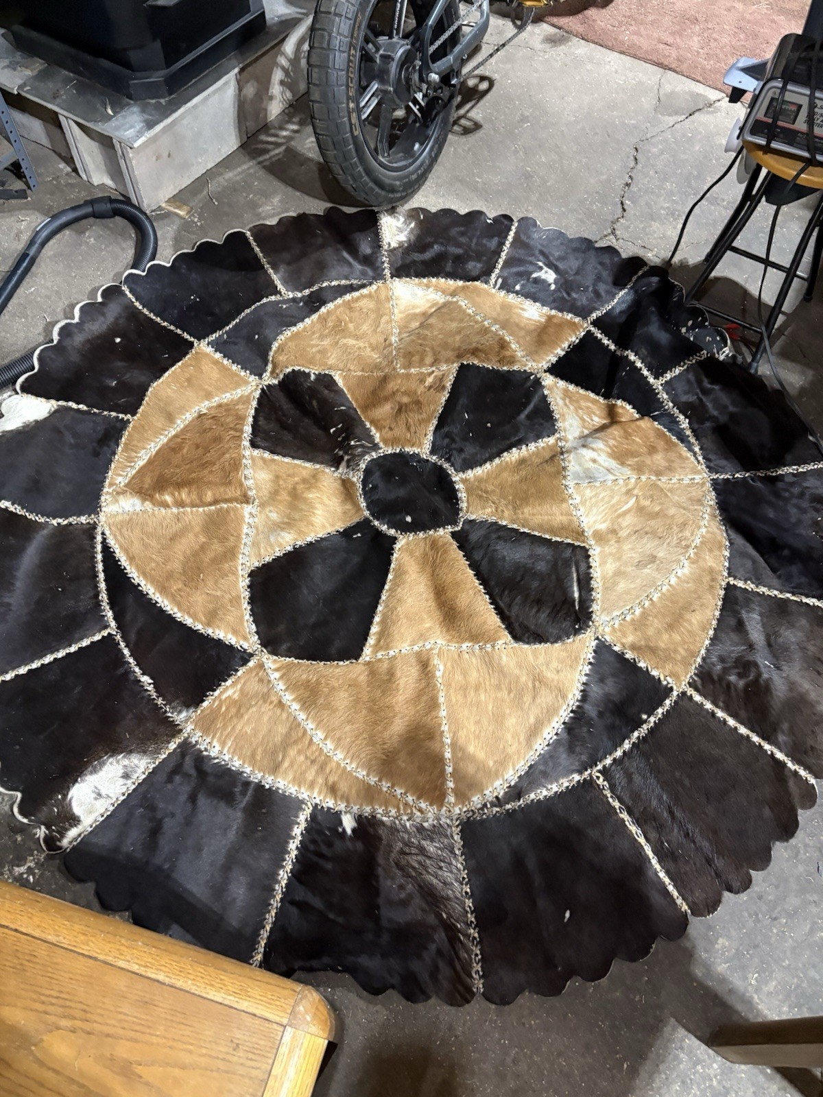 6 Foot In Diameter, Genuine Cowhide, Authentic Western Native American Style Rug