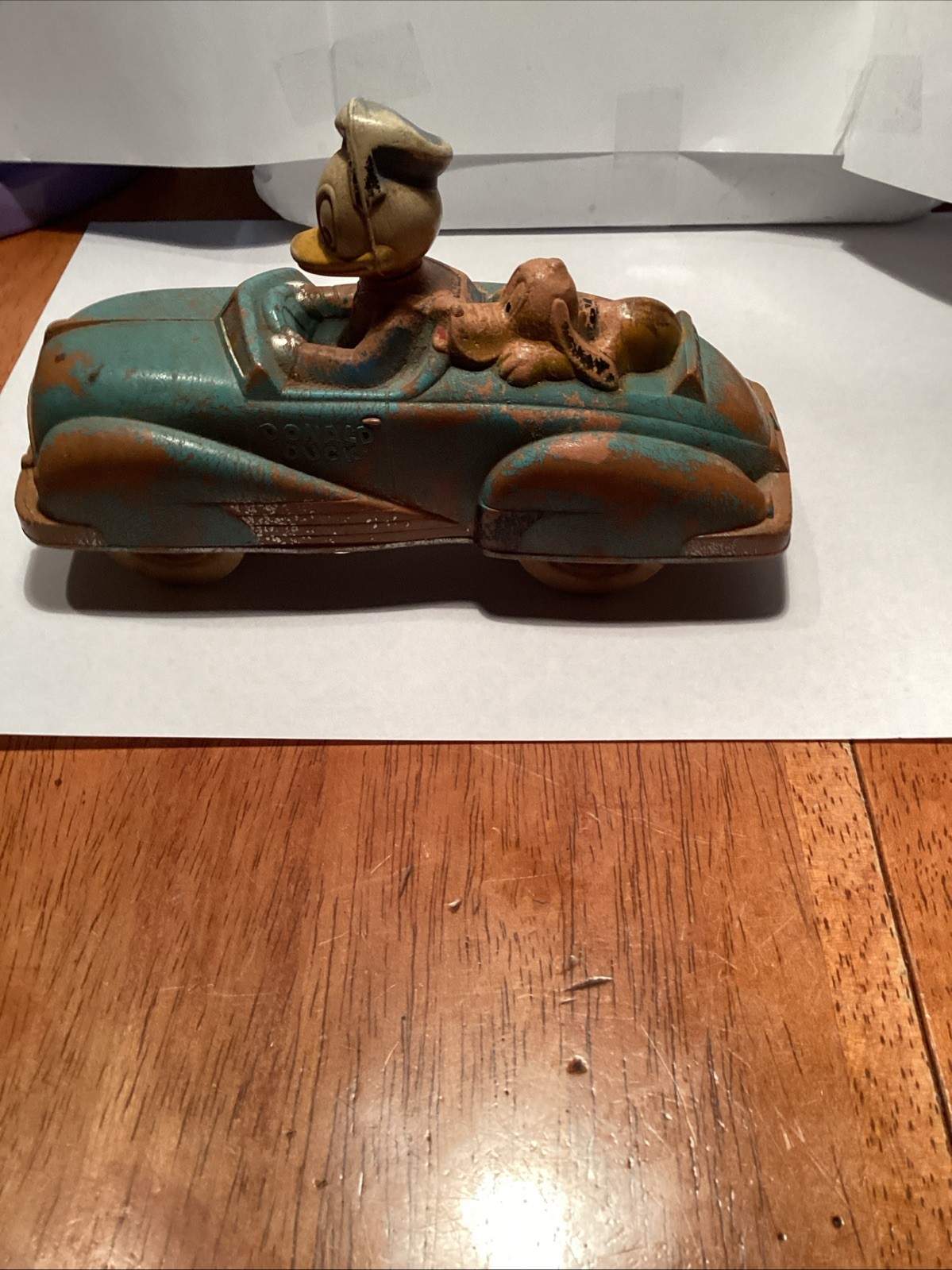 Vintage 1930s Sun Rubber Co Disney Donald Duck and Pluto in Blue toy Car plastic