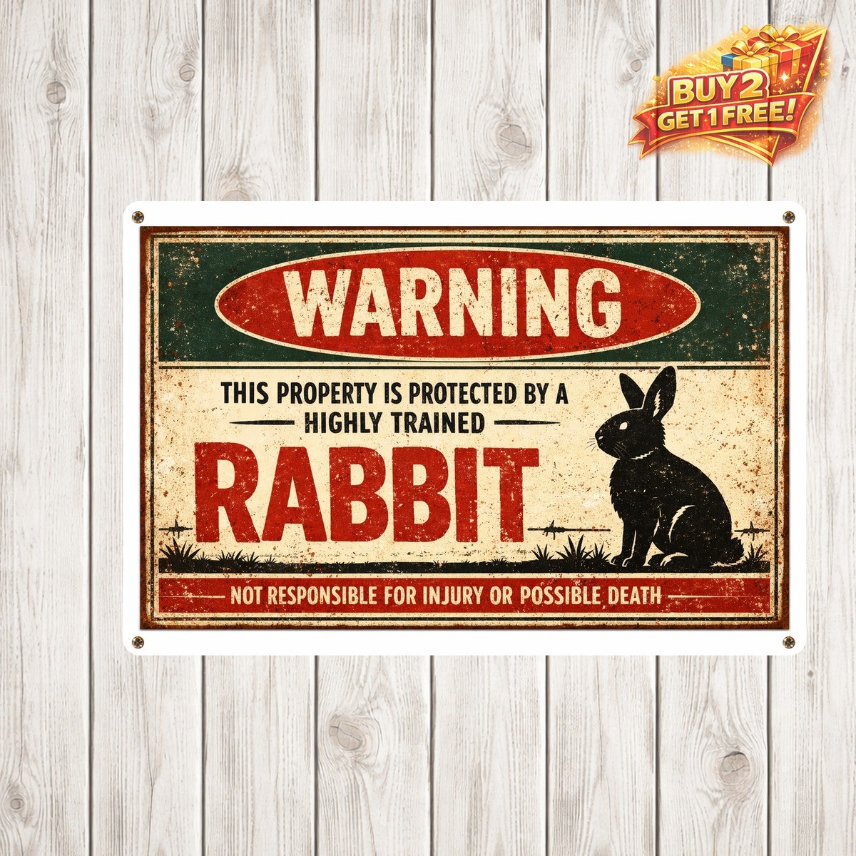 Property Protected by Highly Trained Rabbit Funny Warning Metal Tin Sign 8x12