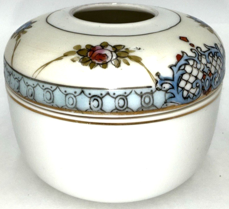 Antique Noritake Hair Receiver Jar M-in-Wreath Floral Vanity Nippon Era Japan