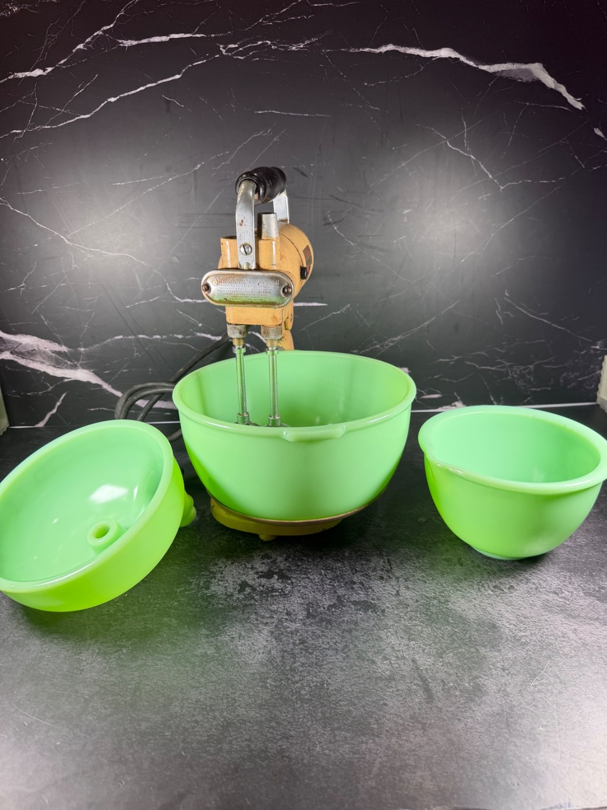 Vintage Sunbeam Mixmaster Stand Mixer with Jadeite Uranium Glass Juicer & Bowls