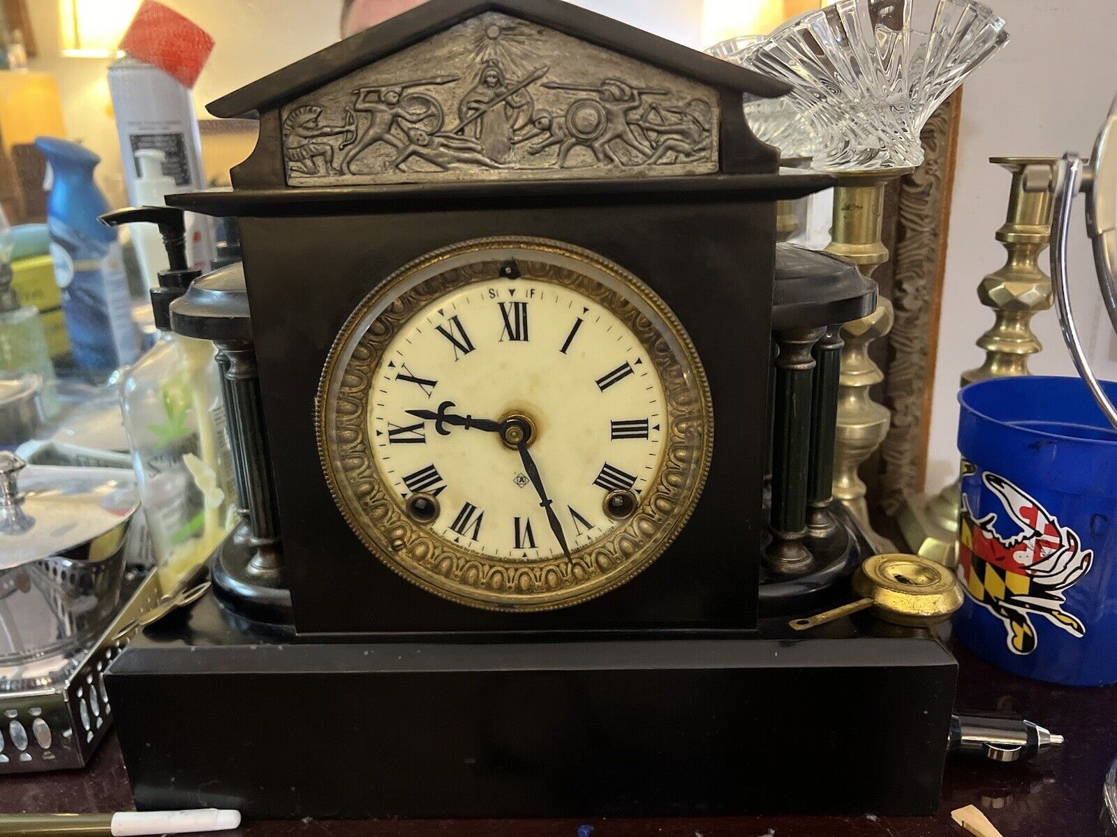 Antique Ansonia Cast Iron Mantle Clock Uranium Glow