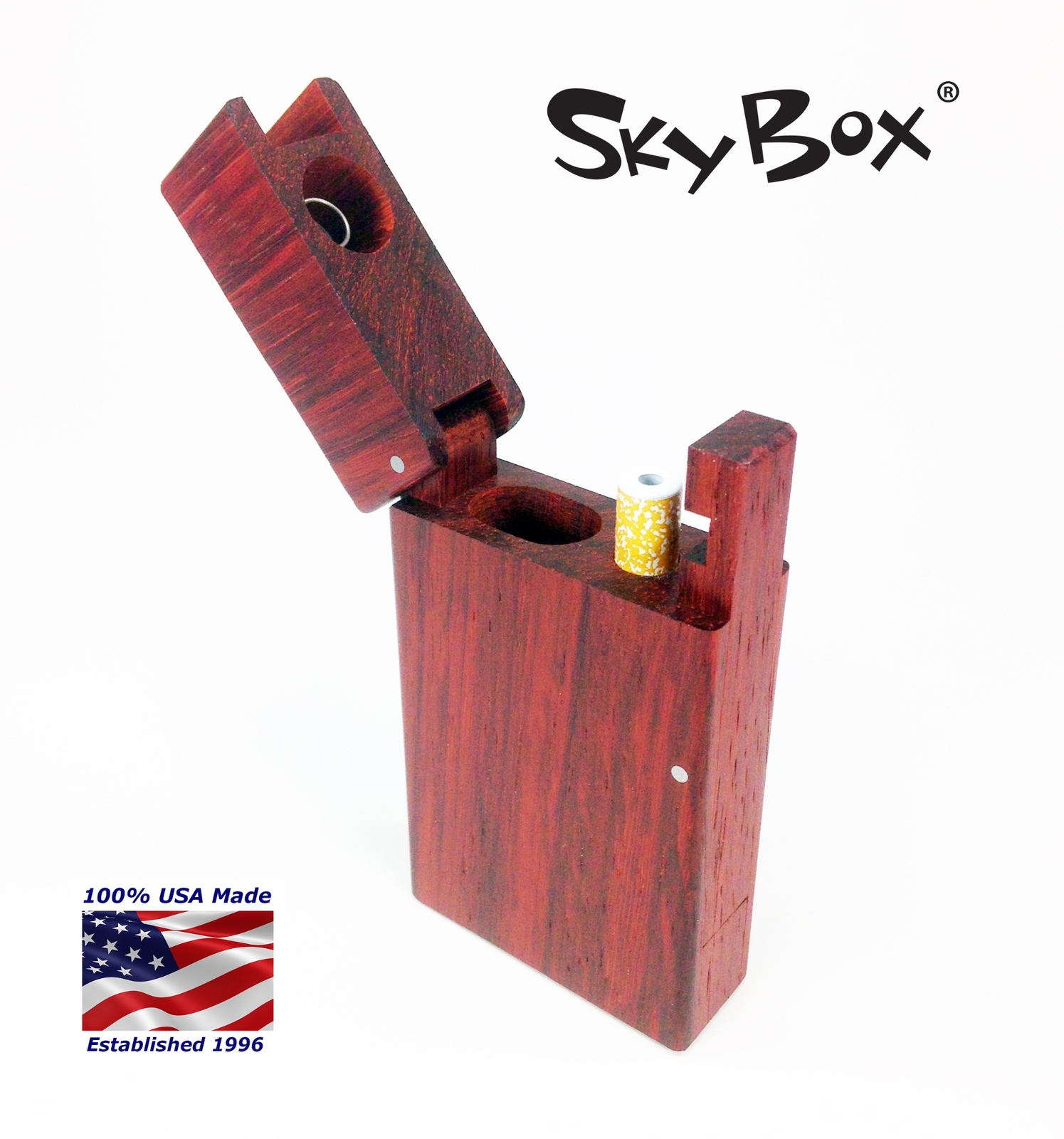 SkyBox® dugout - Spring Top box w/ cigarette style one hitter, made from Paduk
