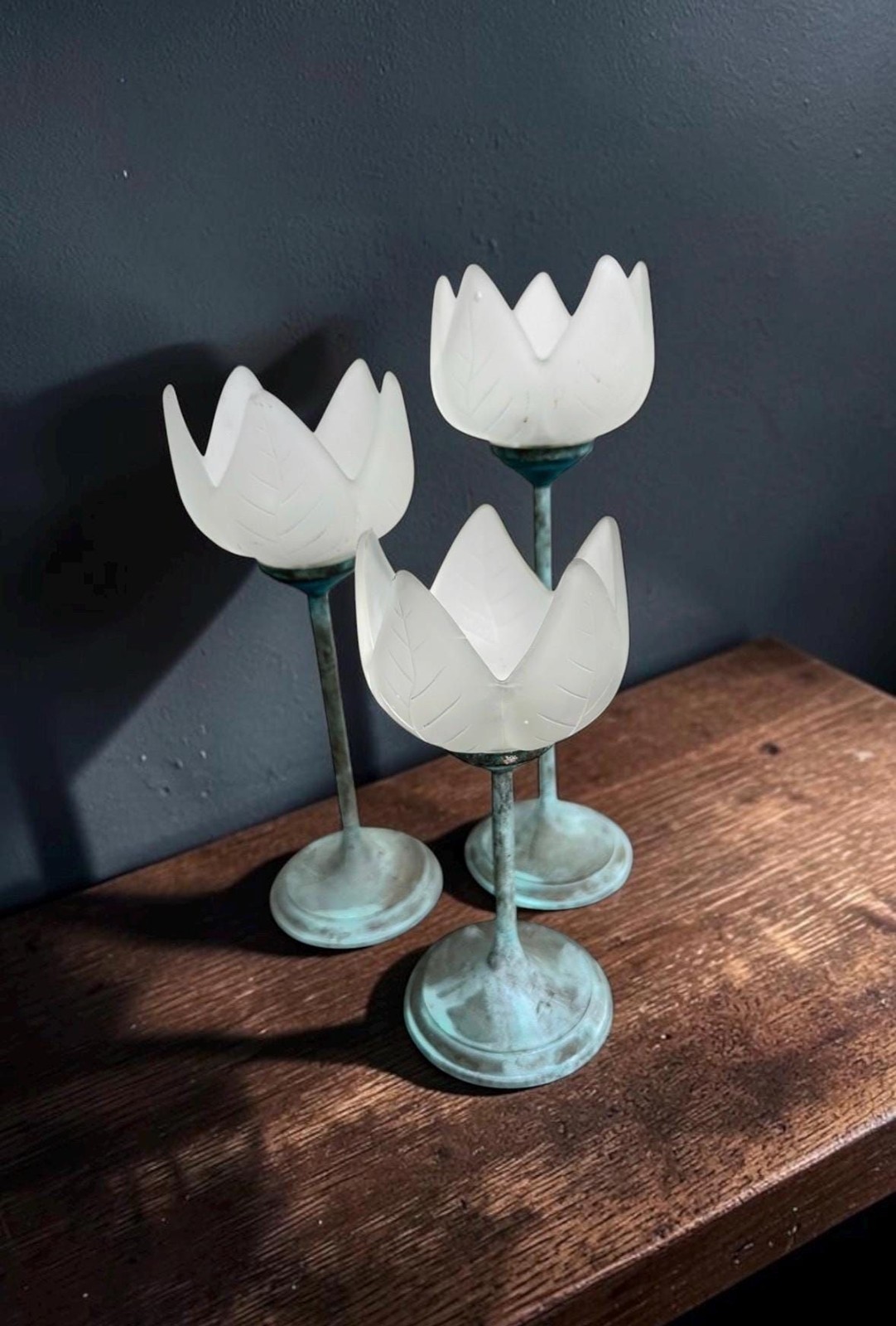 Vintage Verdigris Lotus / Tulip Candle Holders Set of 3 – Frosted Glass Votives