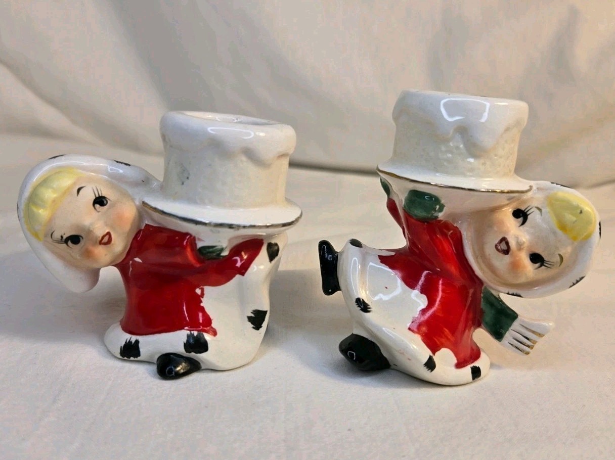 Vtg 1950s Japan Christmas Girl Figurine Ceramic Napco? Norcrest? Candle Holders