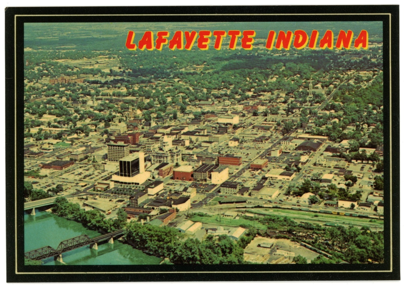 Vintage Lafayette Indiana Postcard Aerial View Downtown Wabash River 1970's
