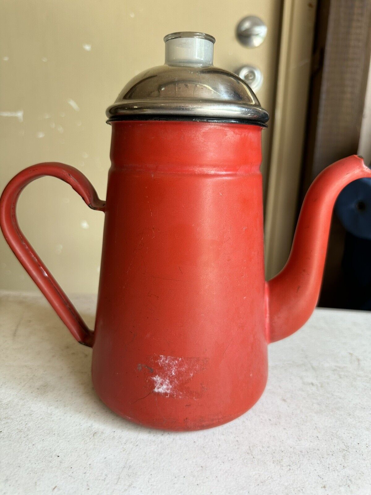 Vintage Enamelware Goose Neck Coffee Pot Beautiful Condition.