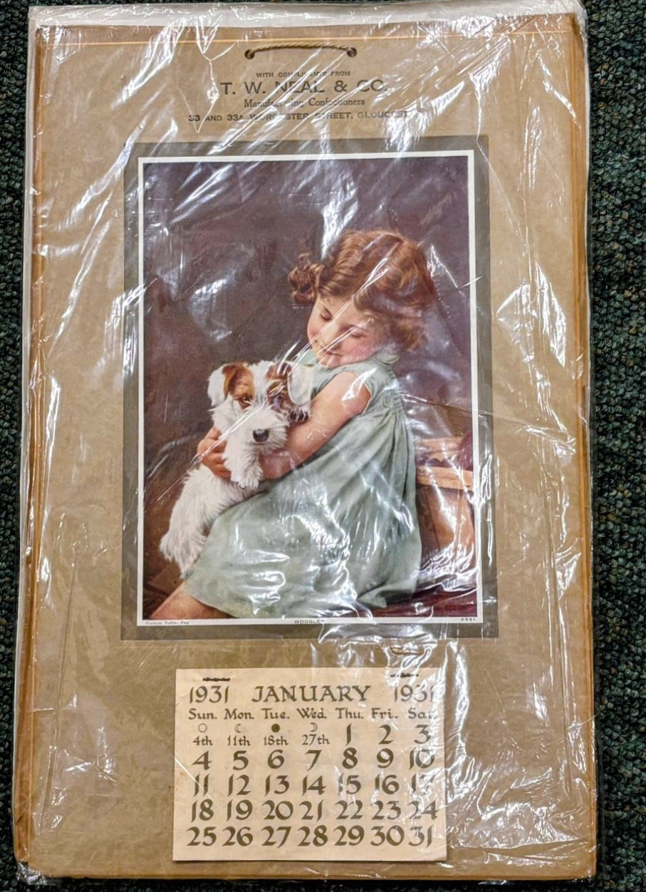 Antique 1931 Advertising Calendar T.W. Neal Confectioners Girl Dog Terrier Puppy