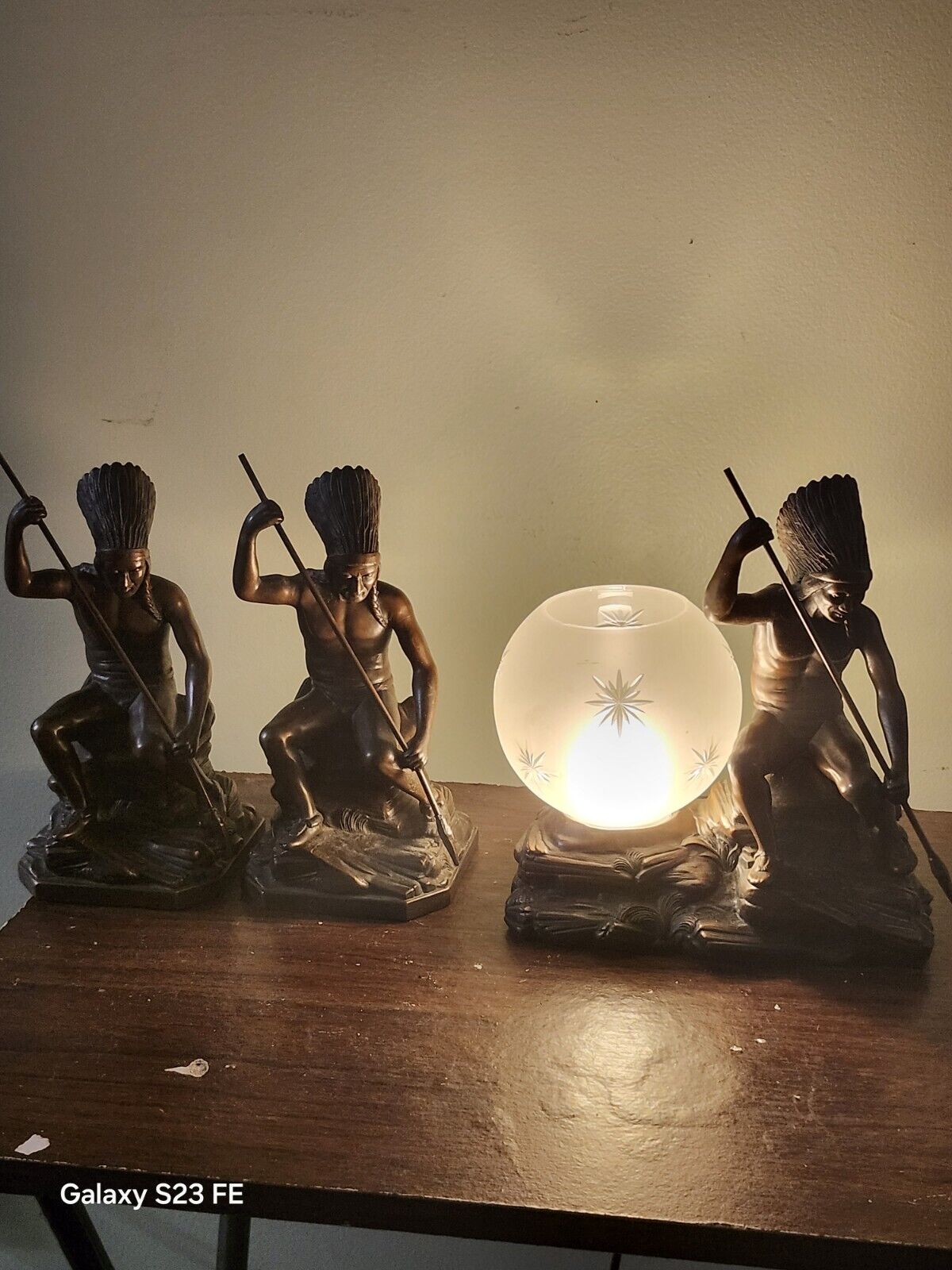 Antique Bronze JB War Indian Boudoir Lamp  And Bookends