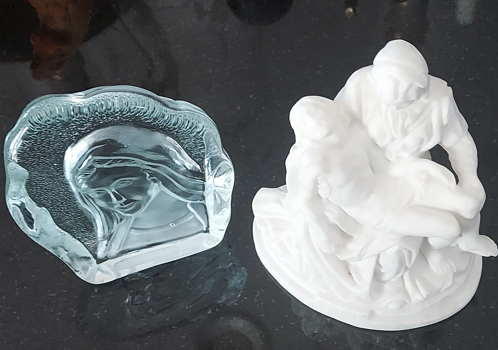Vintage Enesco Italy La Pieta Sculpture & Virgin Mary As Ice Glass Sculpture