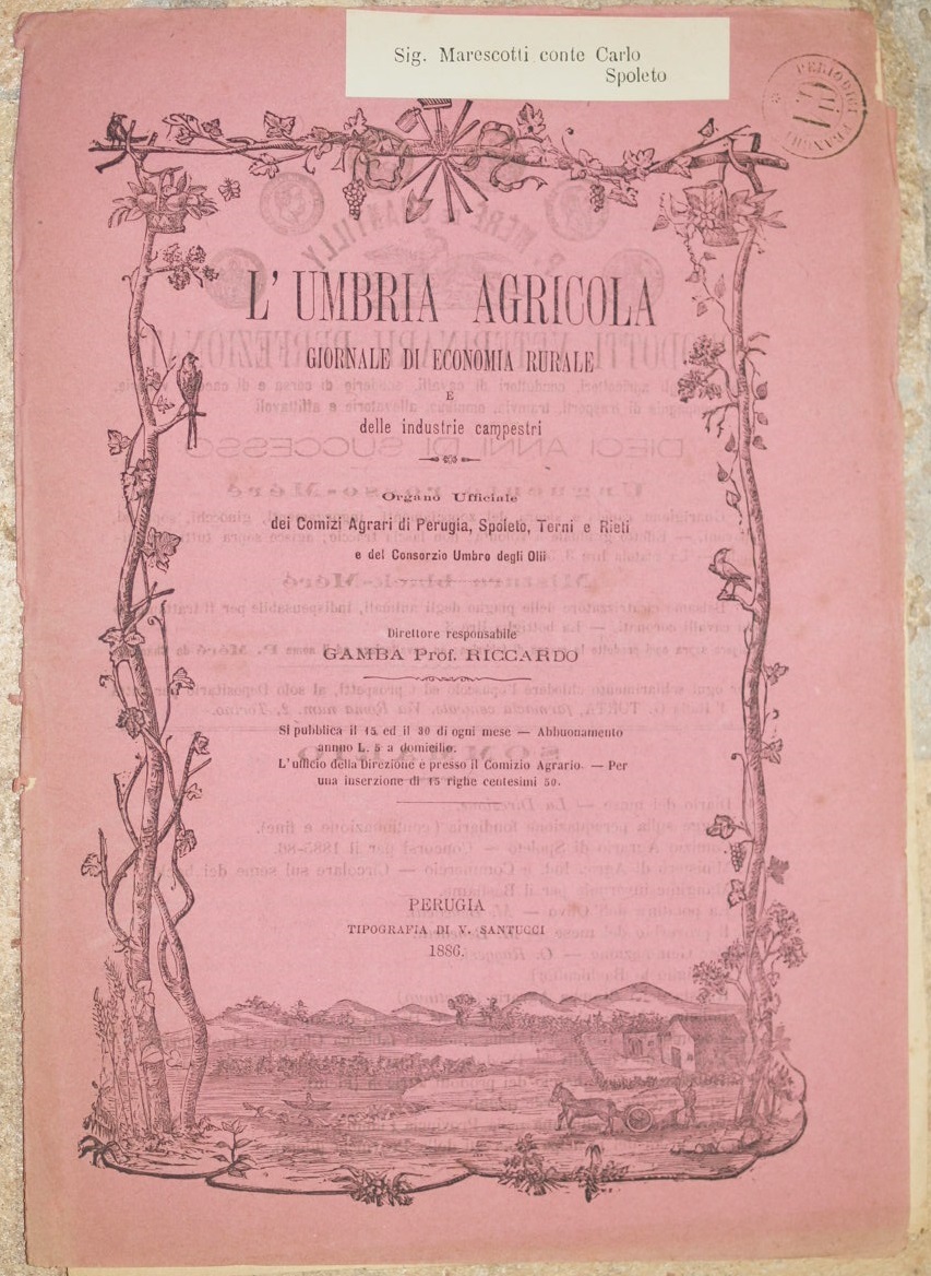 UMBRIA AGRICOLA 15 30 APRIL 1886 OLIVE OIL INDUSTRY HORTICULTURE LIVESTOCK