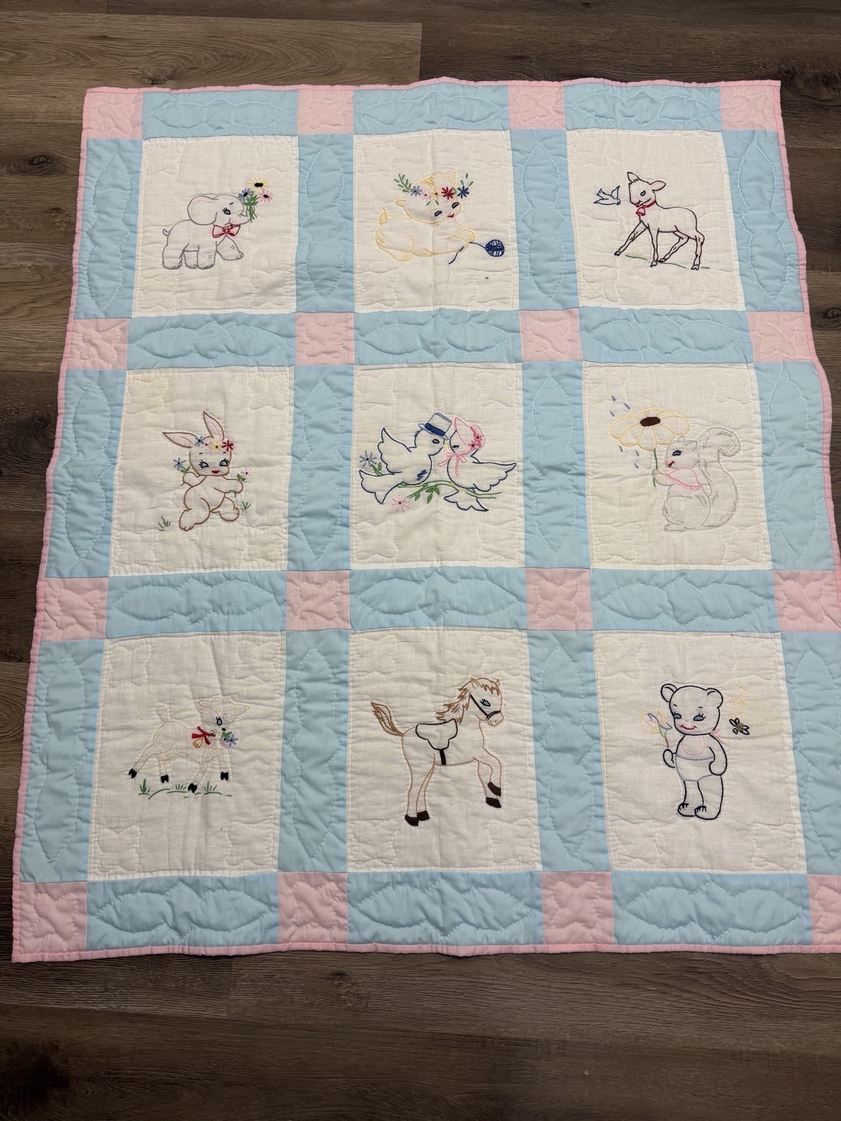Vtg Hand Stitched Baby Blanket Hand Embroidered 9 Blocks Animals Unisex 42 X 36