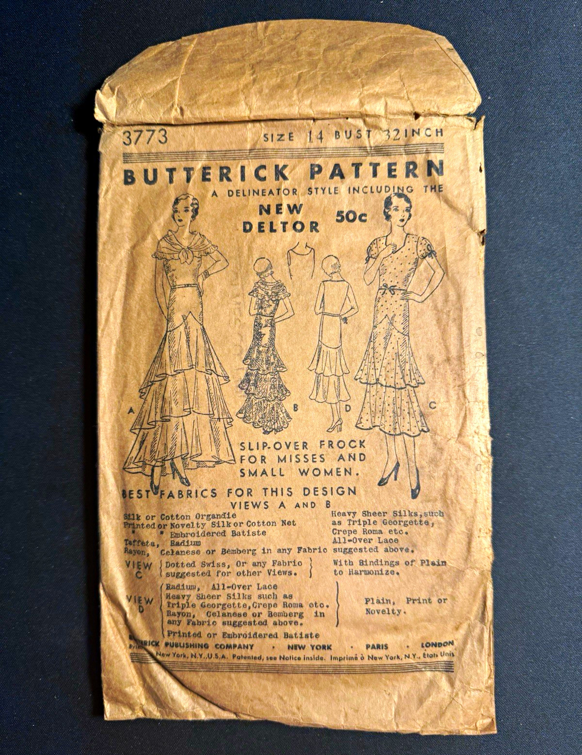 Antique Circa 1930s Butterick 3773 Evening Gown Dress Sewing Pattern Sz 14