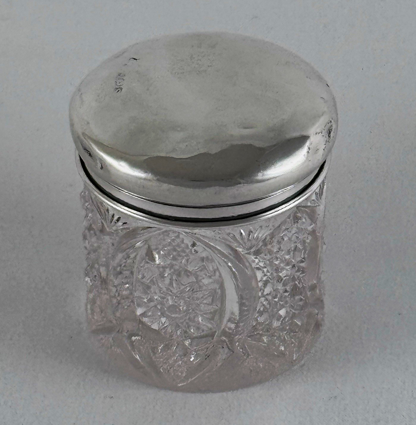 Antique Pressed Glass Vanity Powder Jar with Sterling Lid Ornate Starburst Jar
