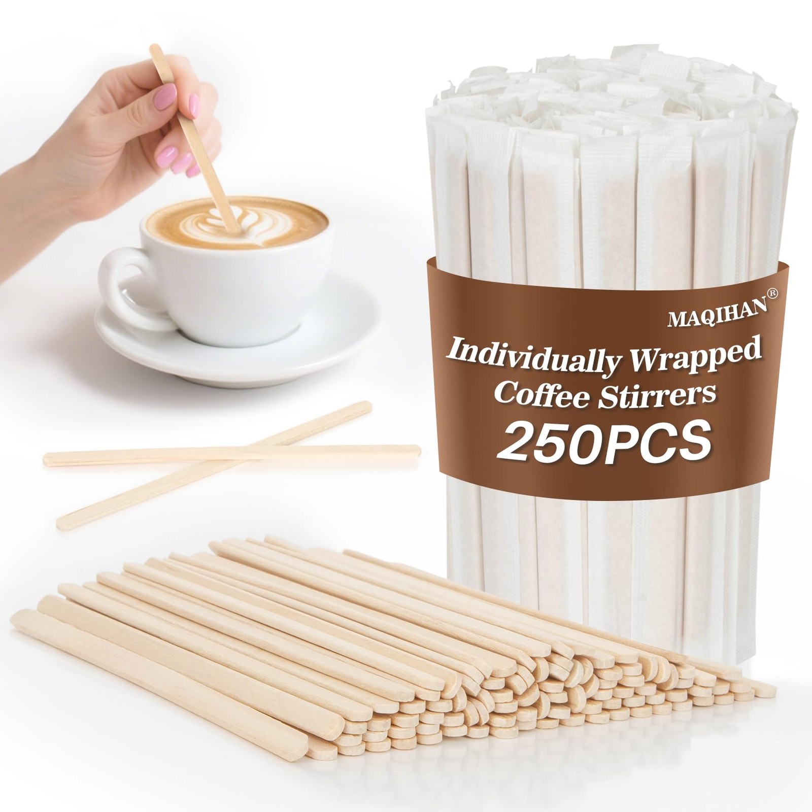 MAQIHAN 250PCS Individually Wrapped Wooden Coffee Stirrers - 5.5 Inch MAQIHAN 250PCS Individually Wrapped Wooden Coffee Stirrers - 5.5 Inch
