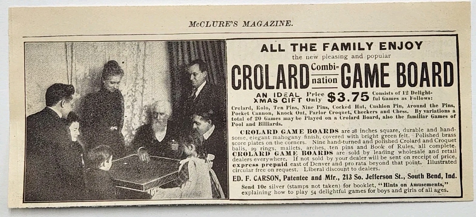 1901 Crolard Combination Game Board Vintage Original Print Ad South Bend IN