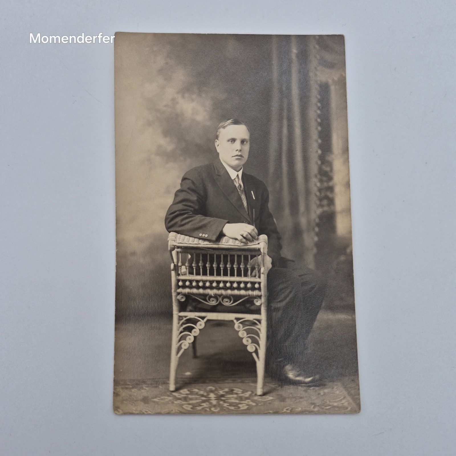 Antique RPPC Real Photo Postcard Man in Suit Ornate Wicker Chair AZO c1910s