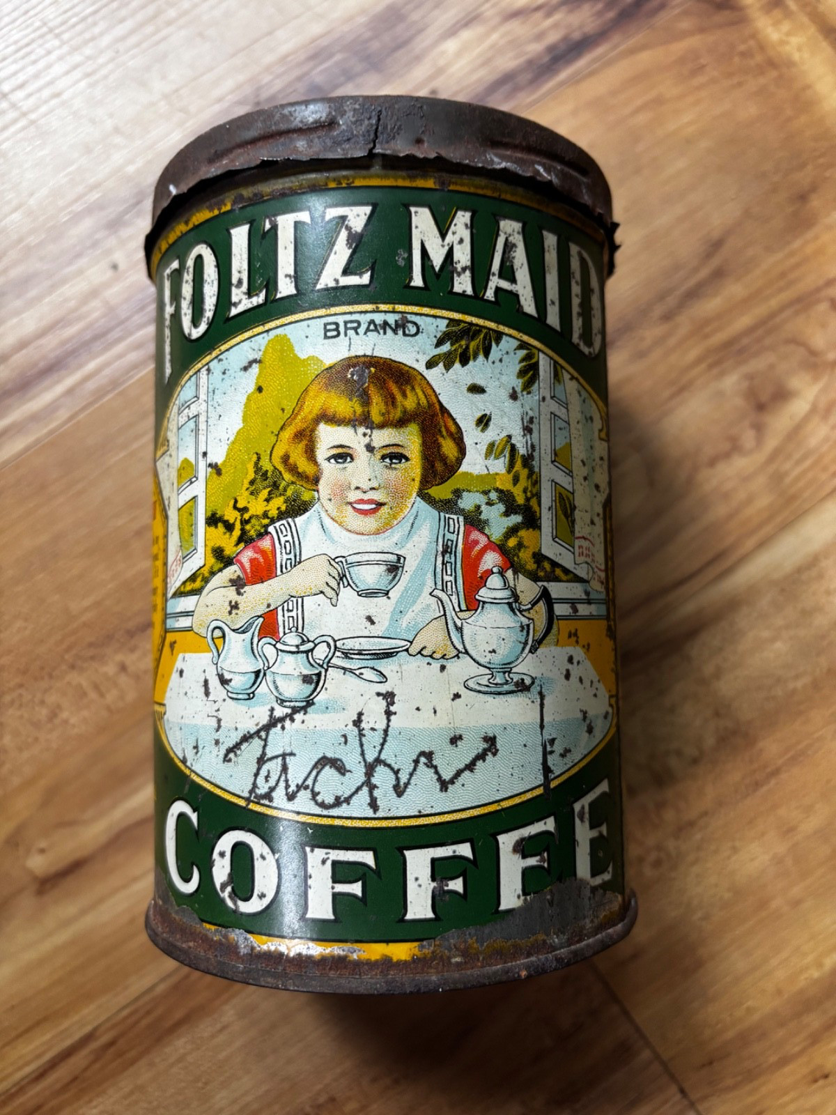 RAre Early Tall 1lb Foltz Maid Vintage Coffee Tin Can RAre Early Tall 1lb Foltz Maid Vintage Coffee Tin Can