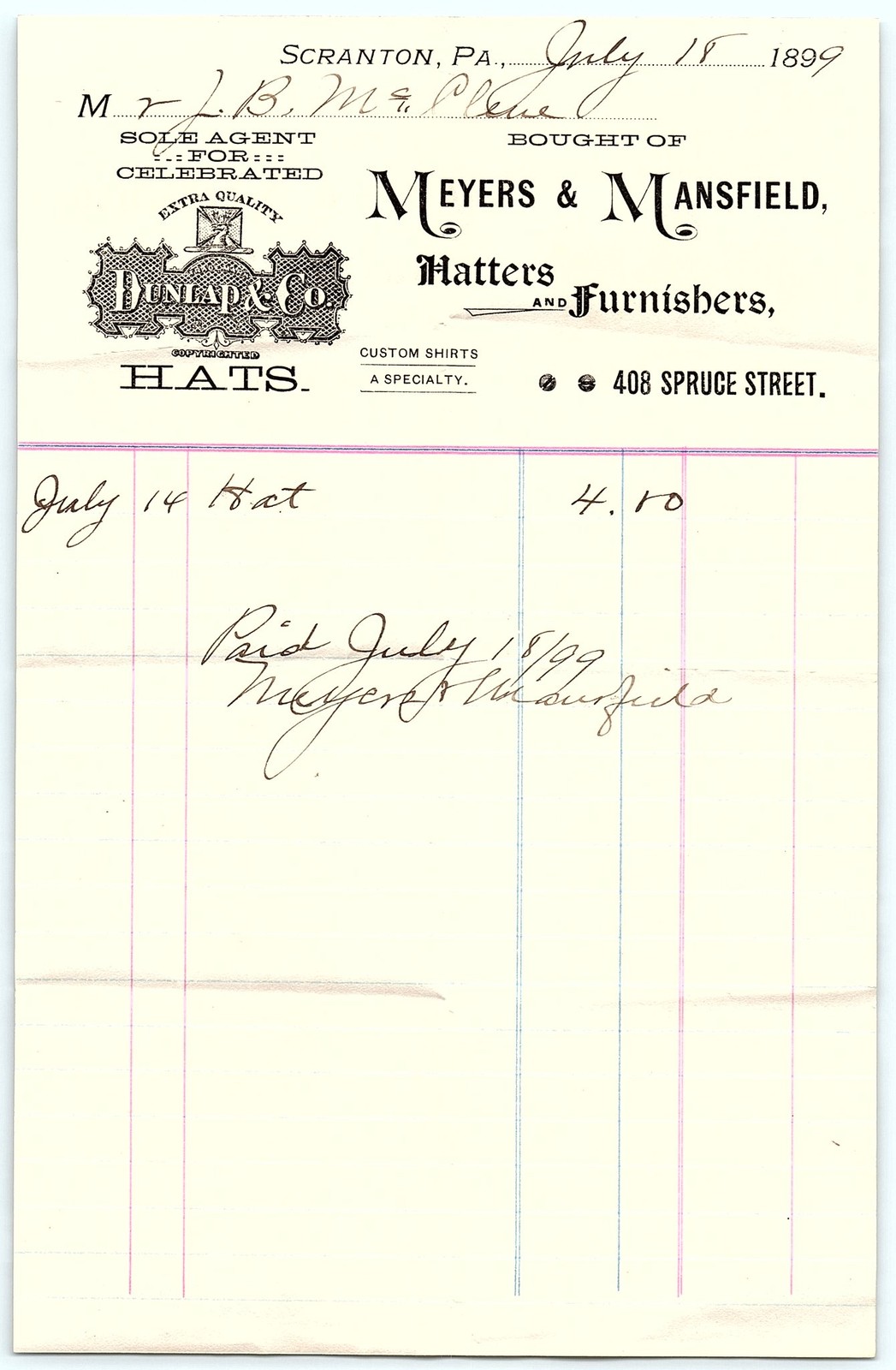 1899 Meyers & Mansfield Hatters billhead w/Dunlap Hats 1899 Meyers & Mansfield Hatters billhead w/Dunlap Hats