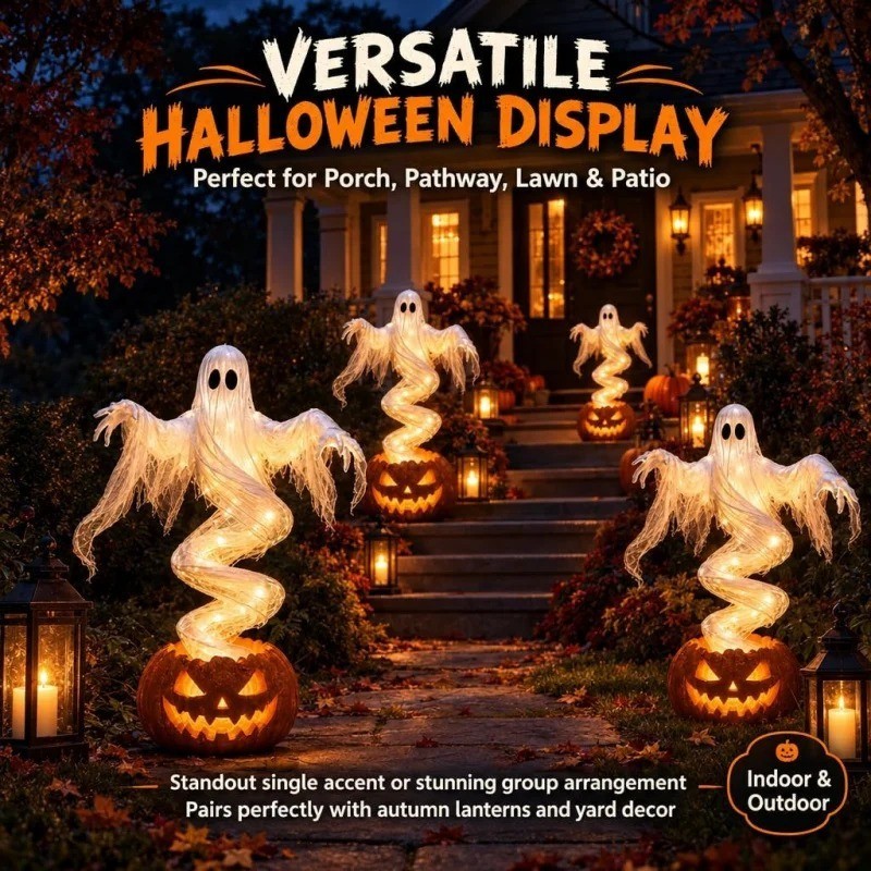 LED Swirling Ghost Pumpkin Yard Lamp | Lighted Halloween Garden Decor, Outdoor L