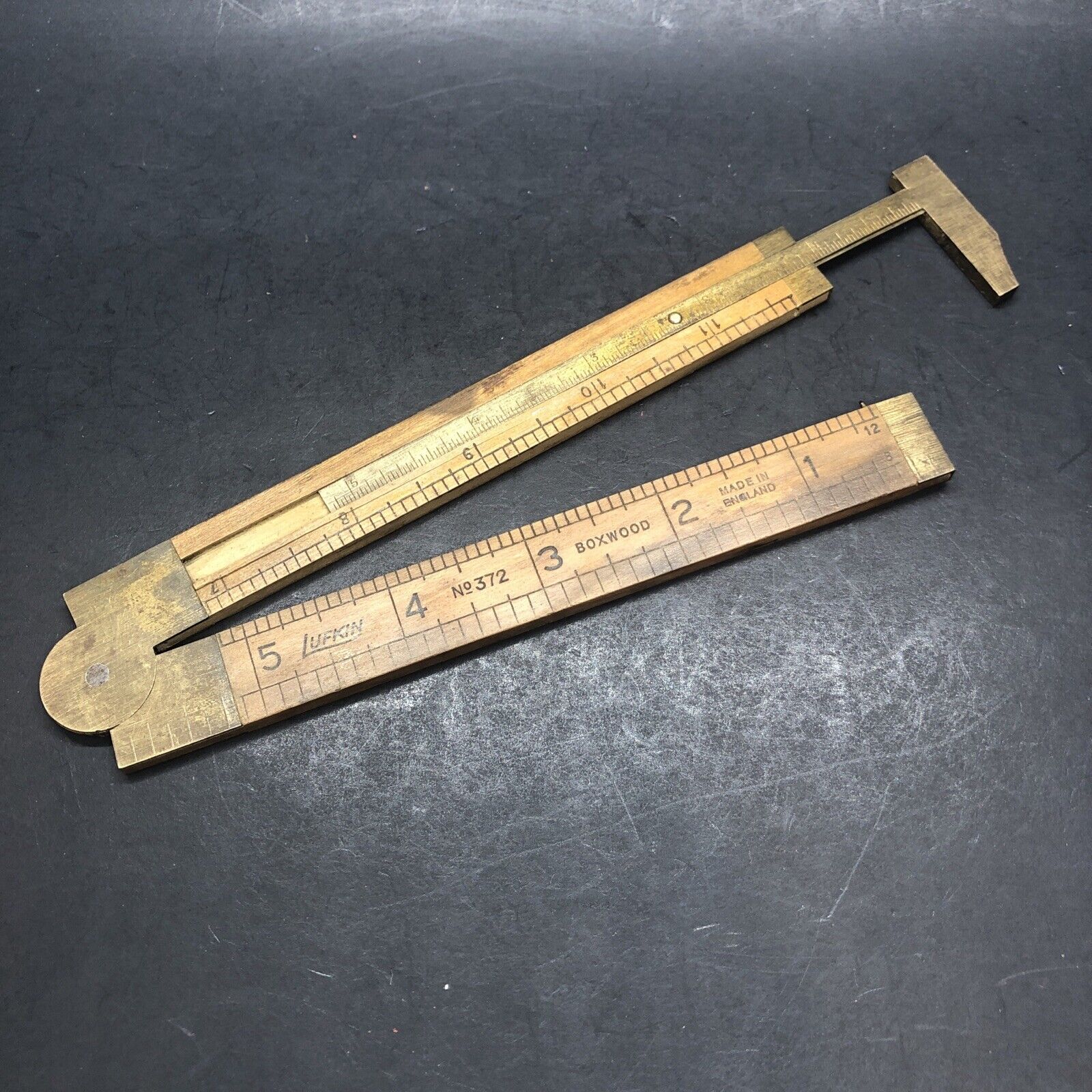 Vintage Lufkin No. 372 Brass & Wood Folding Ruler / Caliper England 12”