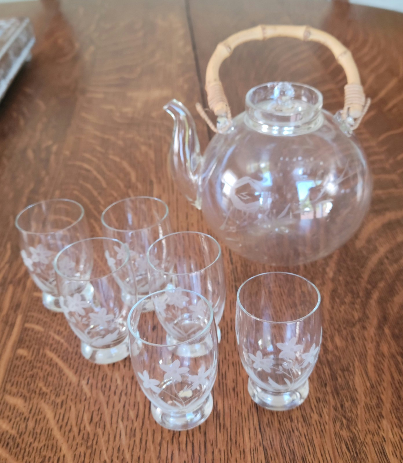 Japanese/Asian Bamboo Handle/Blown Glass Tea/Sake Set. Pot And 6 Glasses Vintage