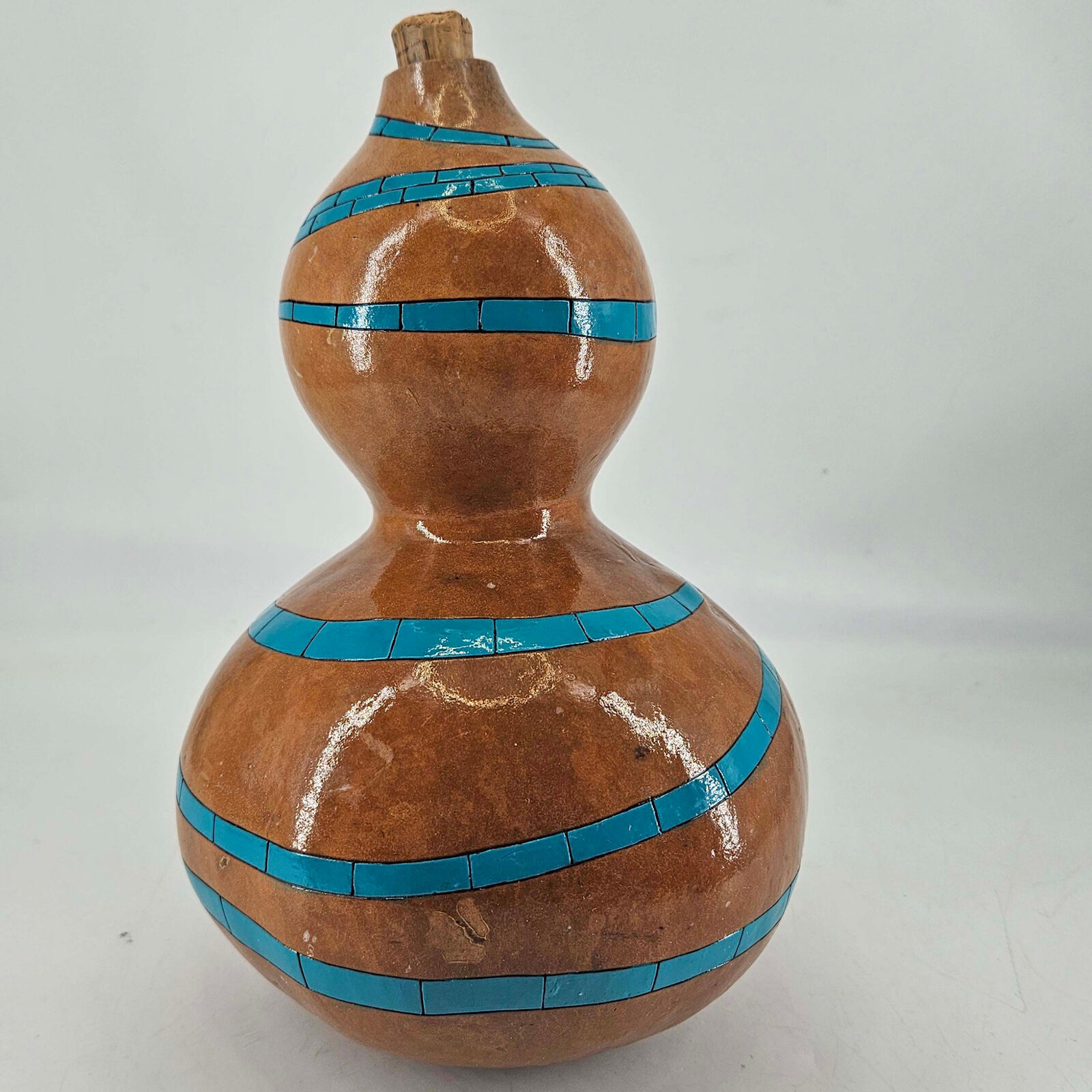 Large Hand Painted artist signed Gourd bottle decanter w cork stopper