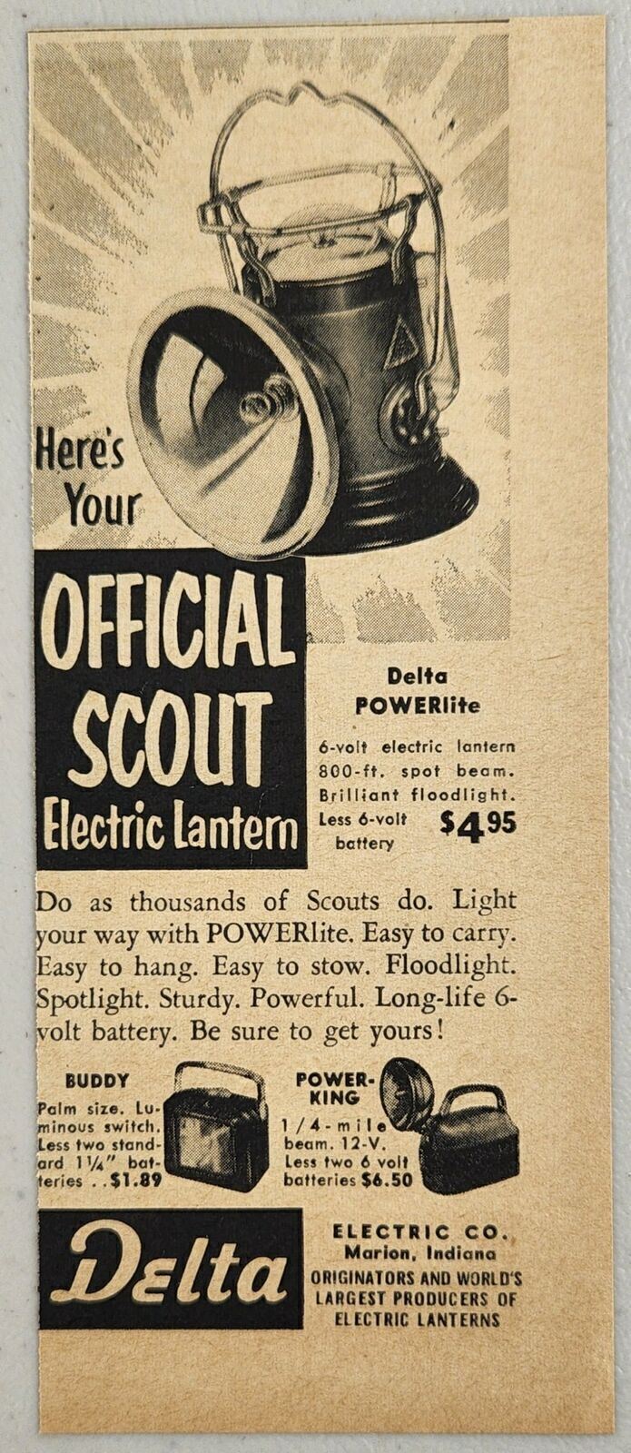 1955 Print Ad Delta PowerLite Electric Lanterns Boy Scouts Marion,Indiana