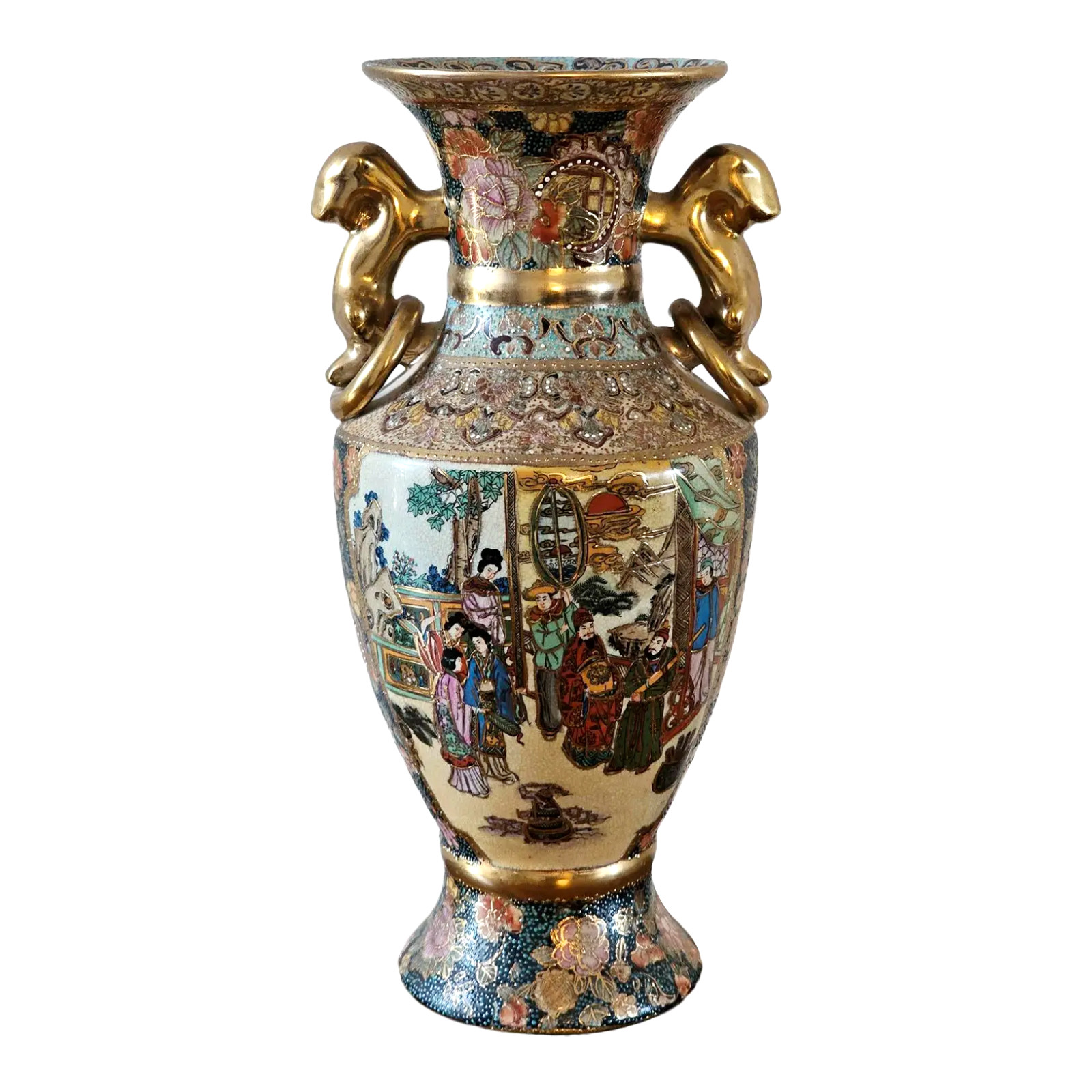 Vintage Royal Satsuma Hand-Painted Porcelain Urn Vase with Moriage & Gilt Handle