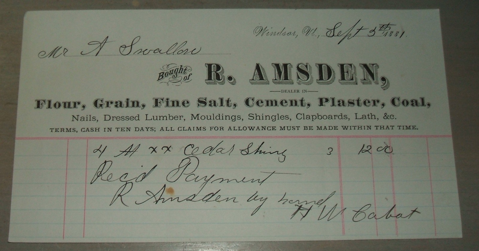 1881 Bill Head from R.Amsden dealer in Grain, Flour, Salt, Cement Windsar VT.