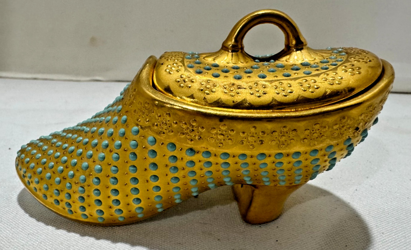 Rare Antique Coalport V6298 Jeweled Porcelain Shoe Slipper Covered Box Gold